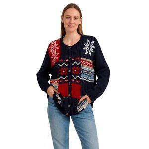 Northern Reflections Winter Holiday Knit Navy Red Fair Isle Cardigan Sweater XL